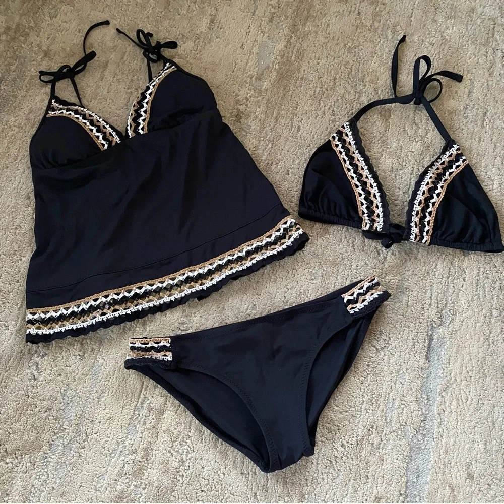 Becca Fiesta Bikini Set Matching 3 Piece Crochet Black Triangle Wireless Bra: L